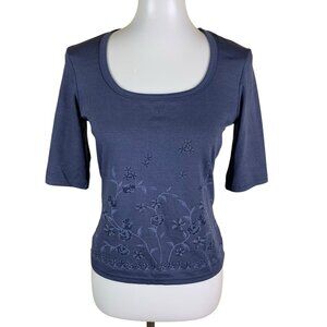 Jalate Floral Embroidered Knit Top Blue Short Sleeve Cottagecore Medium